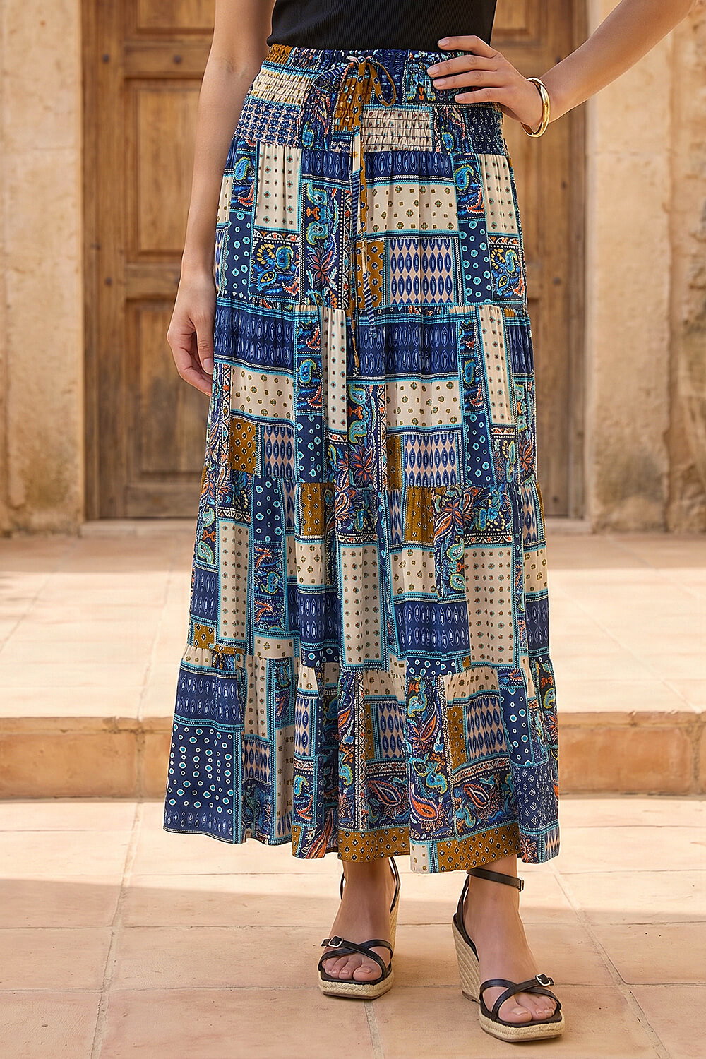 Roman Women's Blue Paisley Print Shirred Maxi Skirt Size 12
