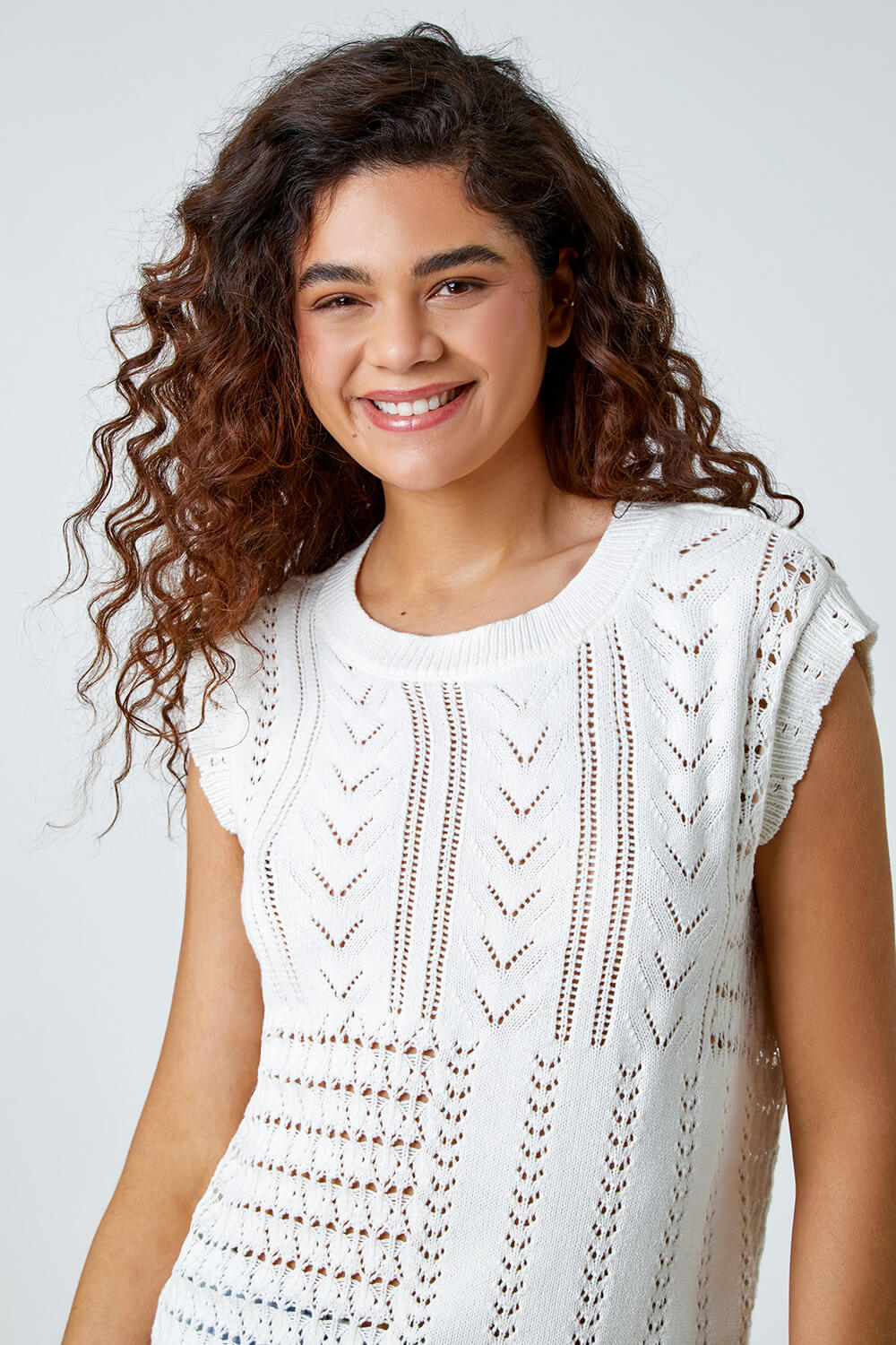 Ivory Pointelle Cotton Blend Knitted Vest, Image 5 of 7