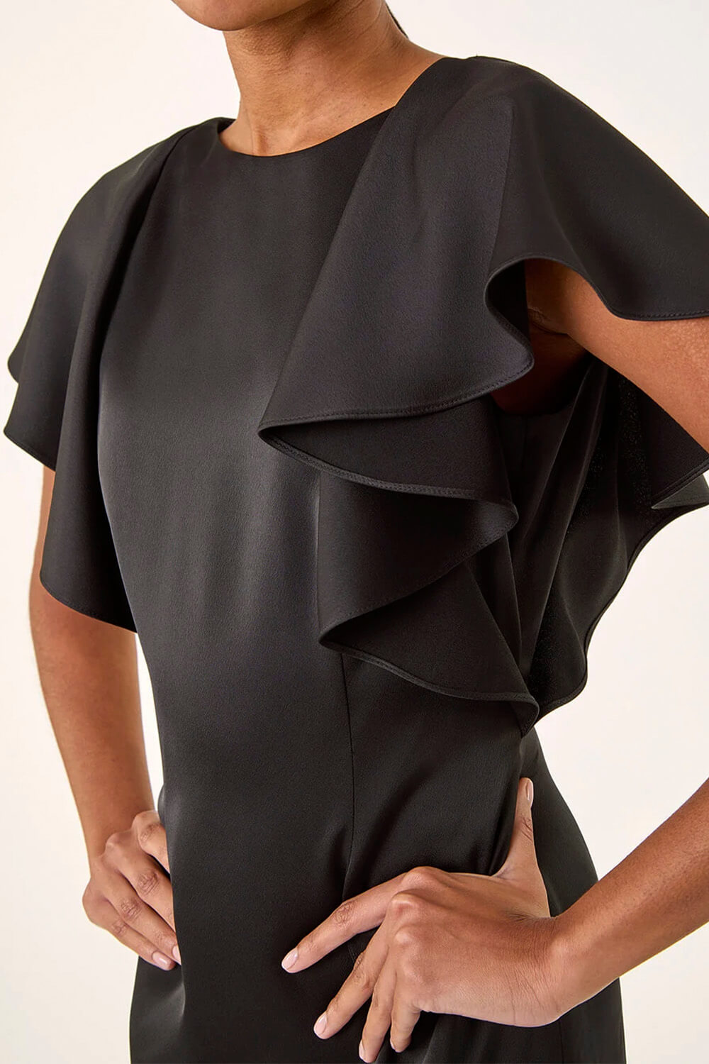 Black Satin Ruffle Sleeve Dress, Image 7 of 6