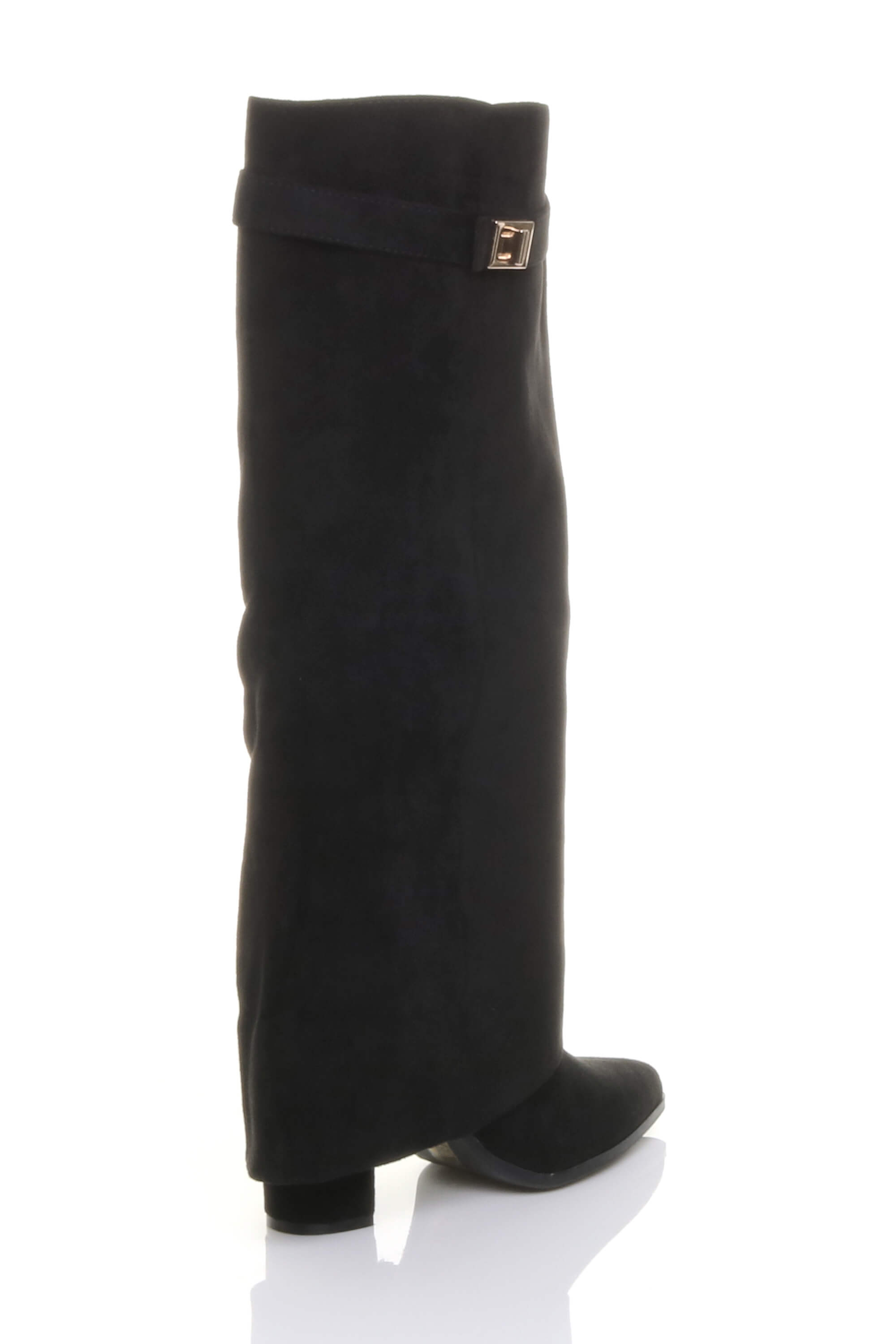 Black AJVANI Black High Block Heel Pointed Toe Fold Over Knee Boots, Image 4 of 4