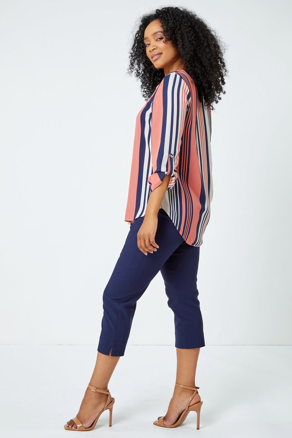 Coral Petite Pleat Front Stripe Top, Image 3 of 5