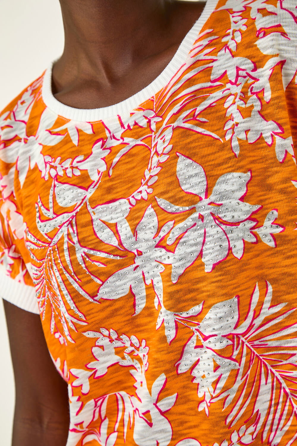 Orange Floral Print Sparkly Stretch Top, Image 6 of 5