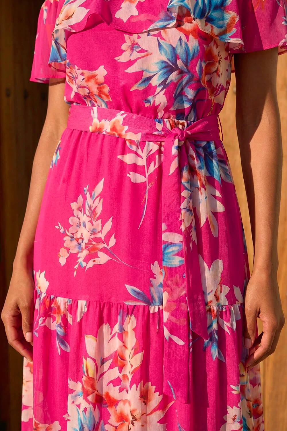 Pink Floral Print Bardot Belted Maxi Dress, Image 5 of 4