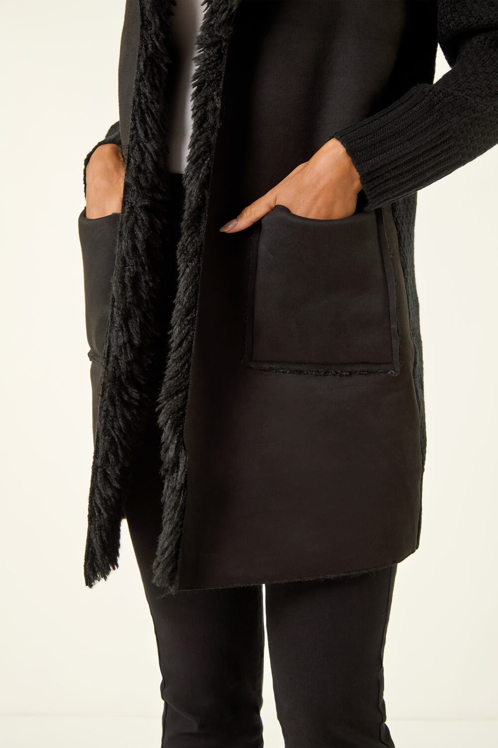 Black Longline Faux Shearling Knit Coatigan, Image 6 of 5