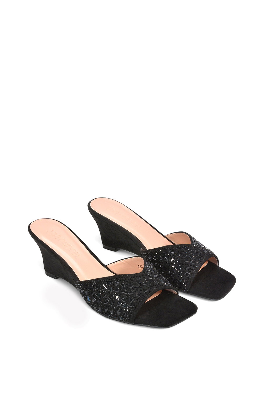 Black XY LONDON Black 'Georgia' Wedge Heel Diamante Square Peep Toe Heeled Mule Sandals, Image 5 of 6
