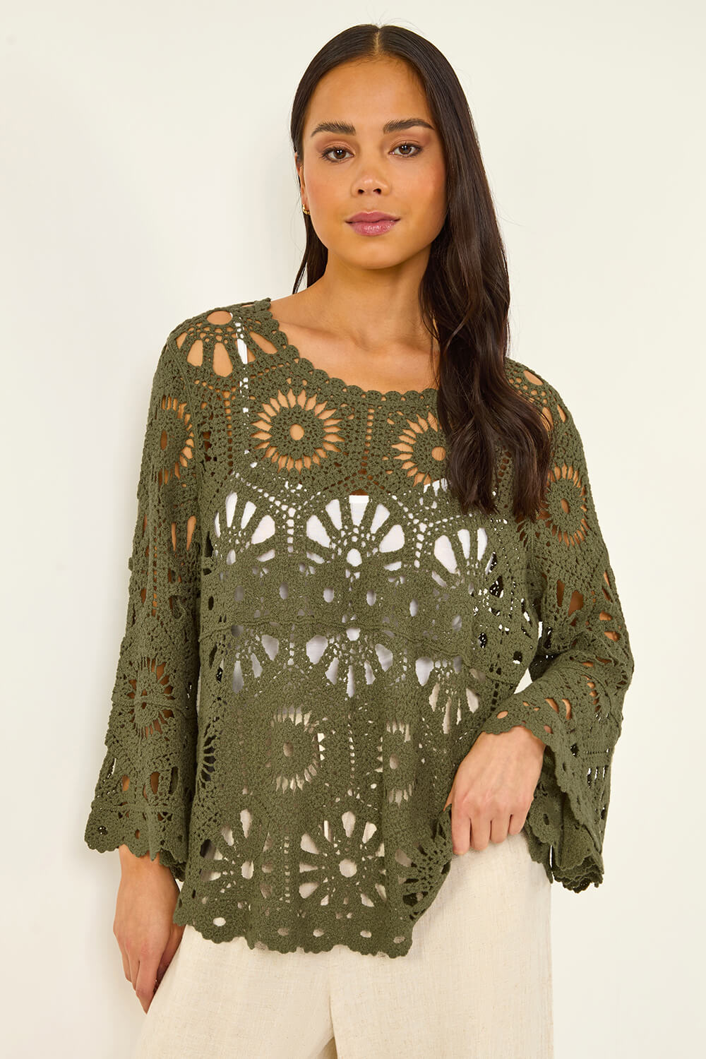 Khaki Petite Crochet Flare Sleeve Top, Image 5 of 5