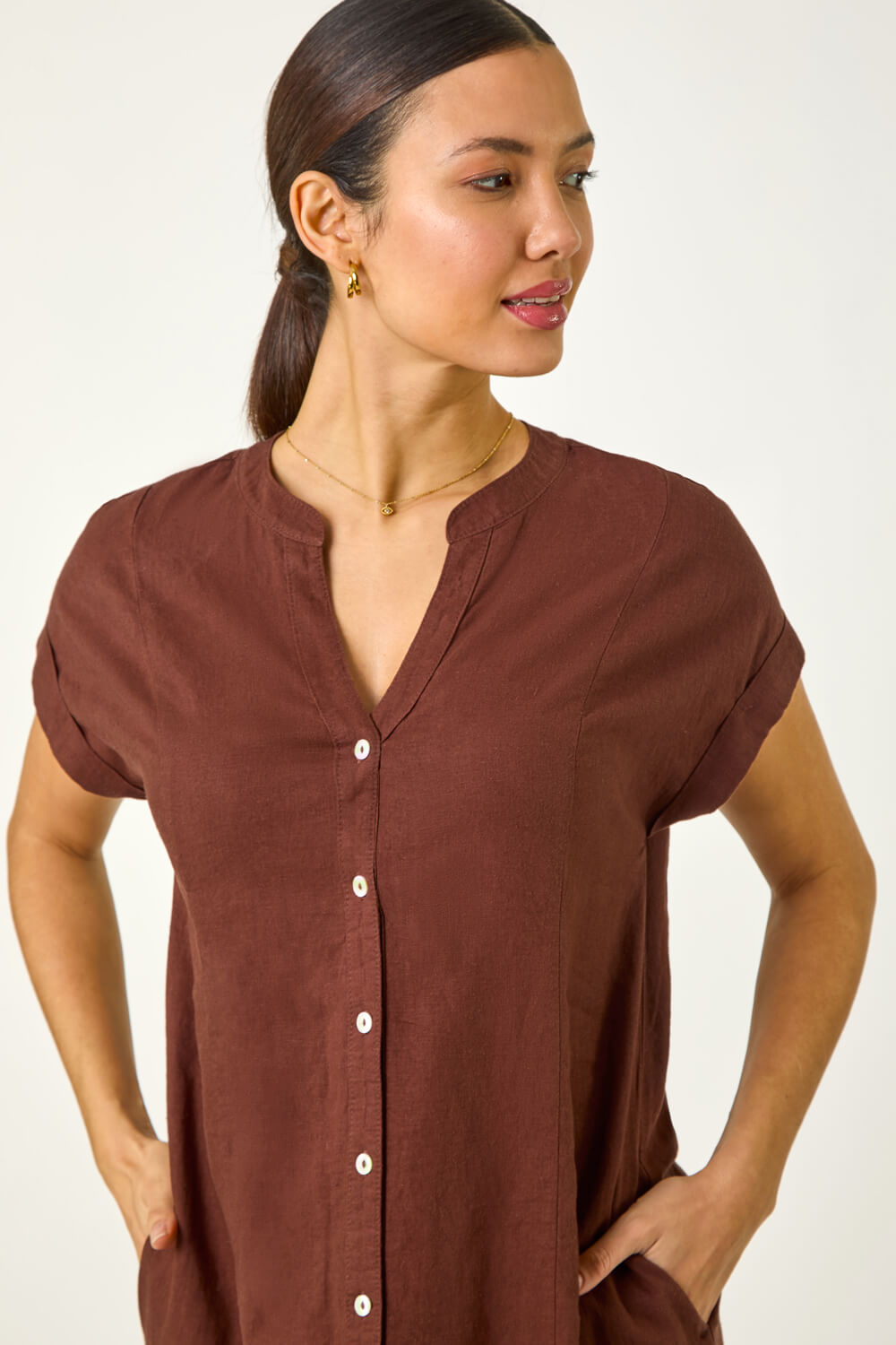 Chocolate Linen Blend Shift Dress, Image 5 of 5