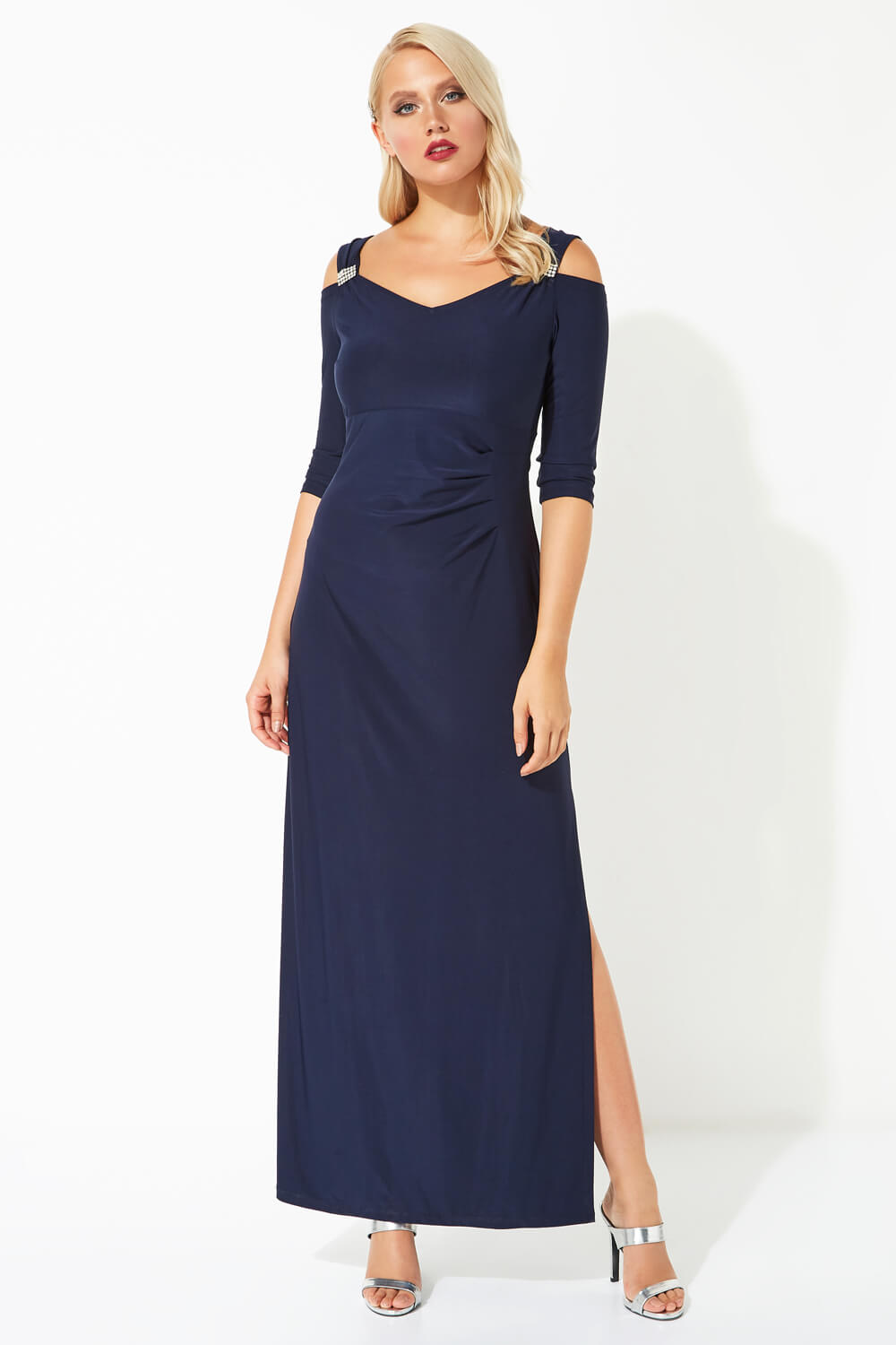 Cold Shoulder Diamante Maxi Dress in Midnight Blue