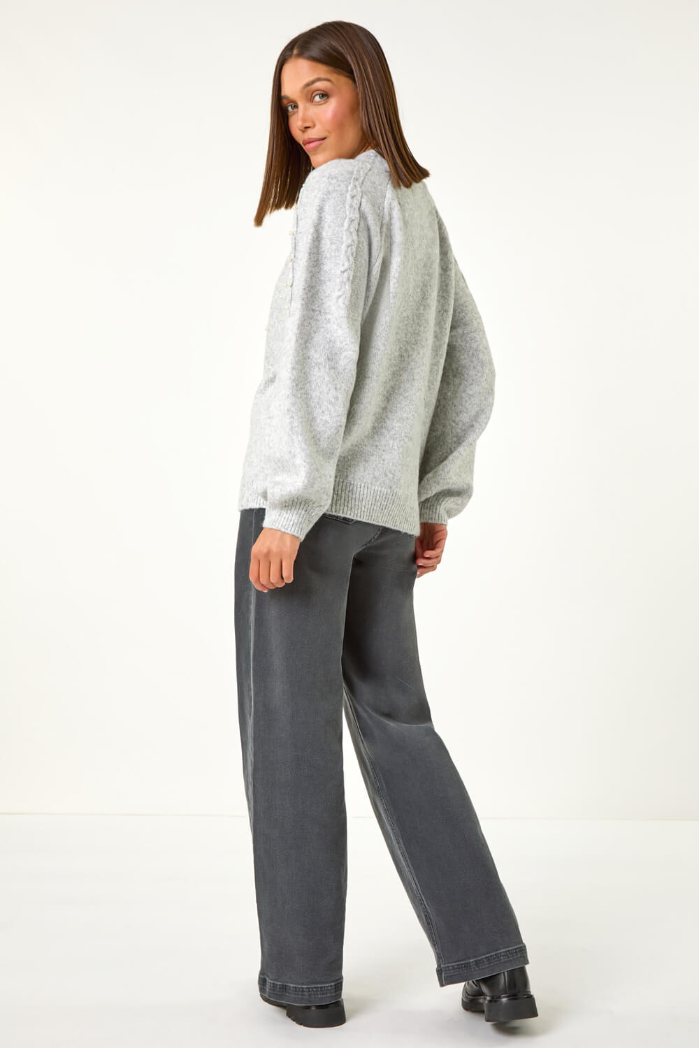 Light Grey Faux Pearl Cable Knit Jumper, Image 4 of 5