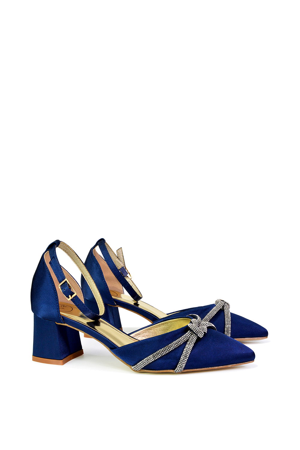 Navy XY LONDON Navy 'Sarah' Ankle Strap Pointed Toe Diamante Mid Block Heels, Image 2 of 5