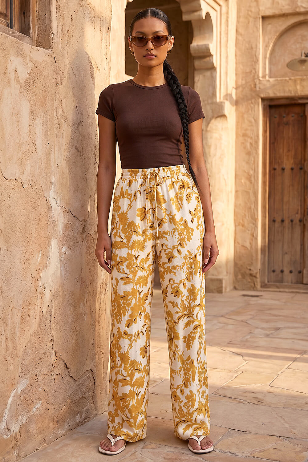 Ochre Floral Sparkle Tie Waist Trouser, Image 3 of 5