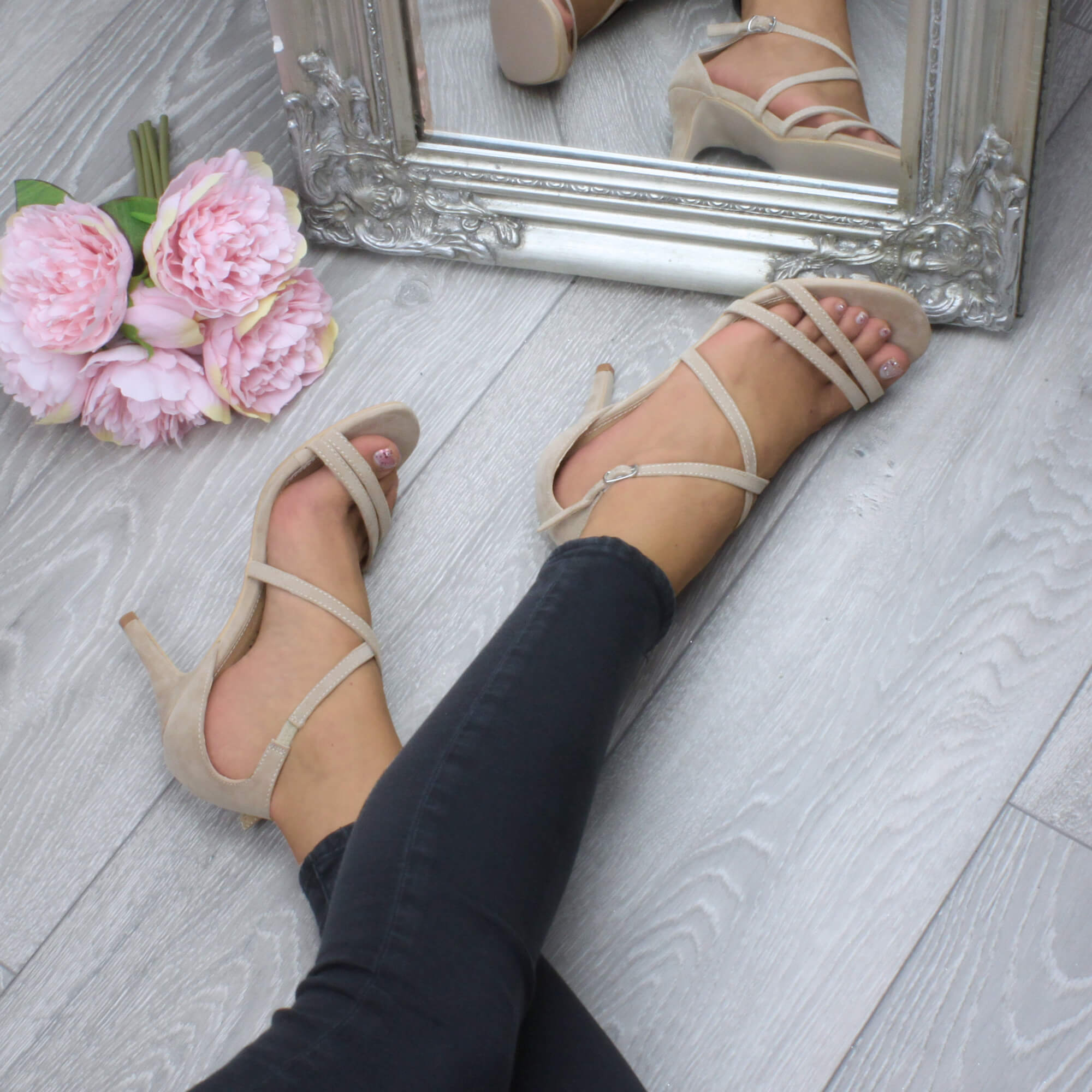 Natural AJVANI Natural High Heel Crossed Straps Buckle Strappy Sandals, Image 5 of 6