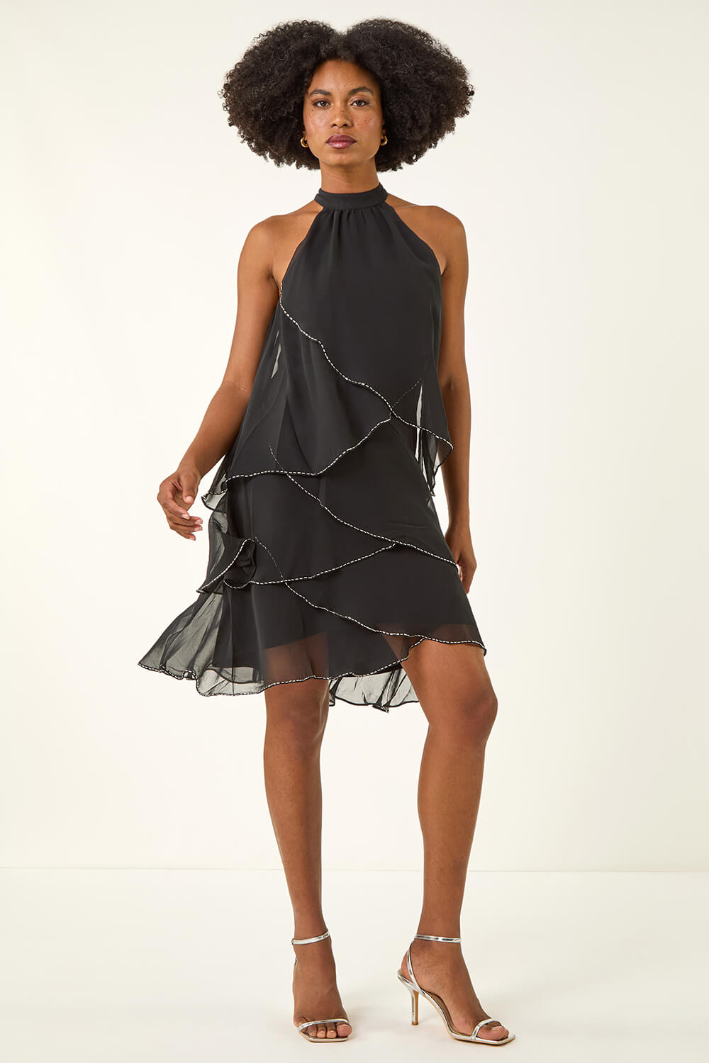 Black Sequin Trim Tiered Halterneck Dress, Image 3 of 5