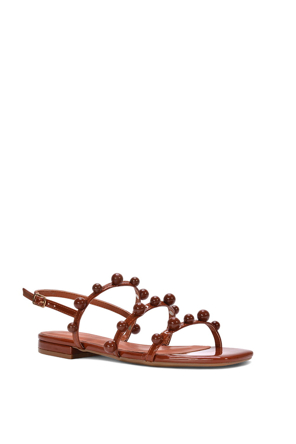 Brown XY LONDON Brown 'Pamela' Flat Strappy Sandals with Beaded Detail, Image 2 of 5