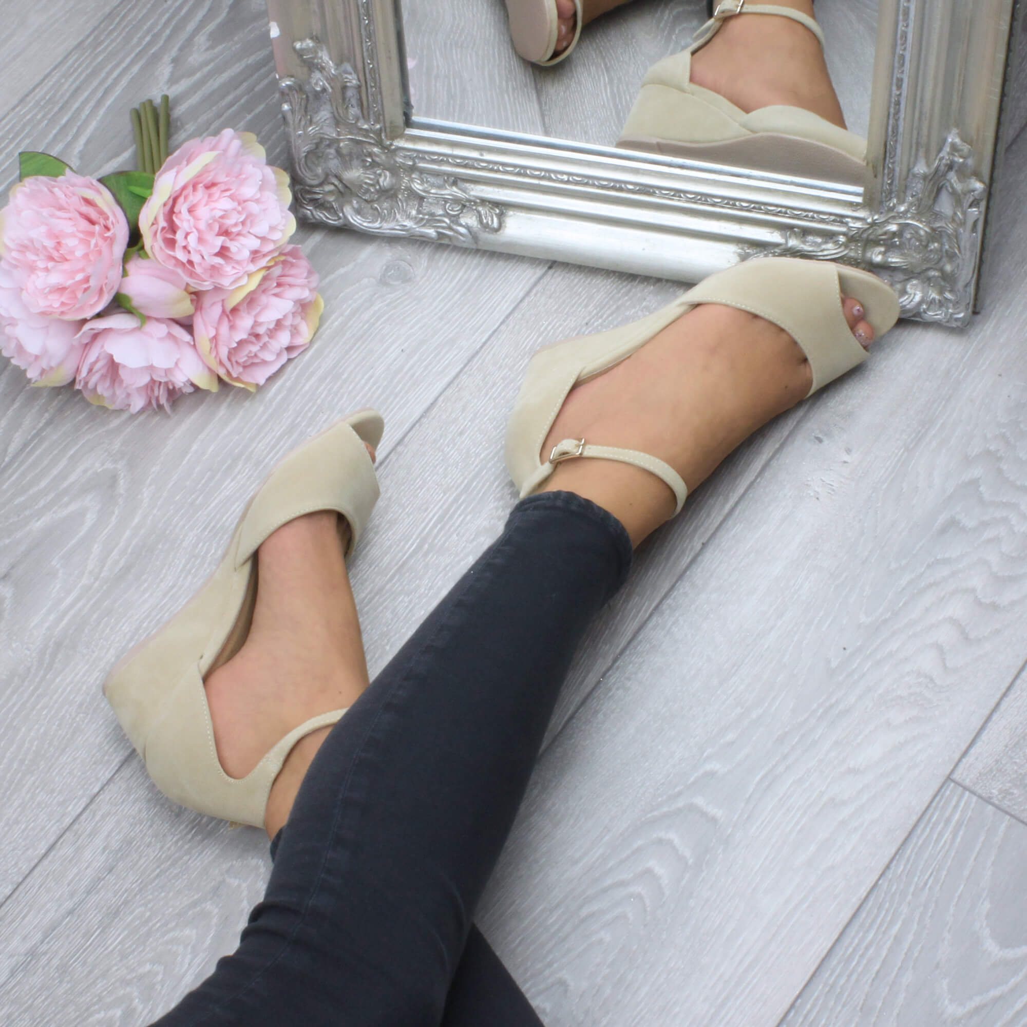 Natural AJVANI Natural Mid Wedge Heel Ankle Strap Sandals, Image 5 of 6