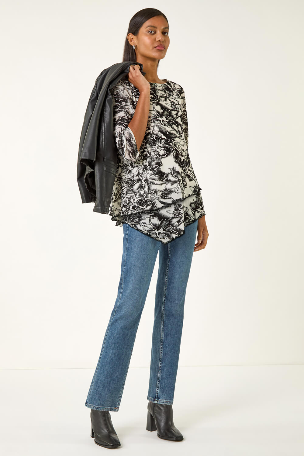 Black Flock Floral Asymmetric Hem Top, Image 3 of 5