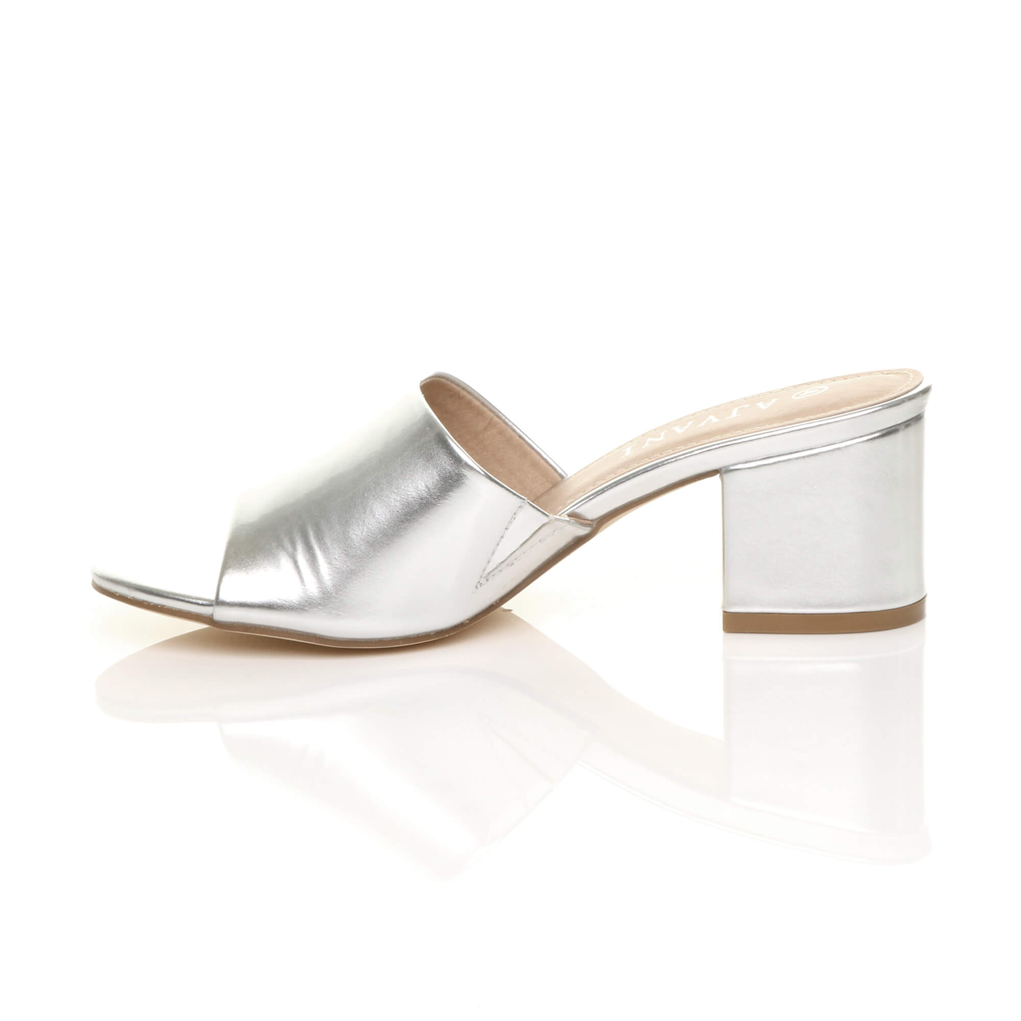 Silver AJVANI Silver Mid Block Heel Peep Toe Mules Sandals, Image 3 of 6