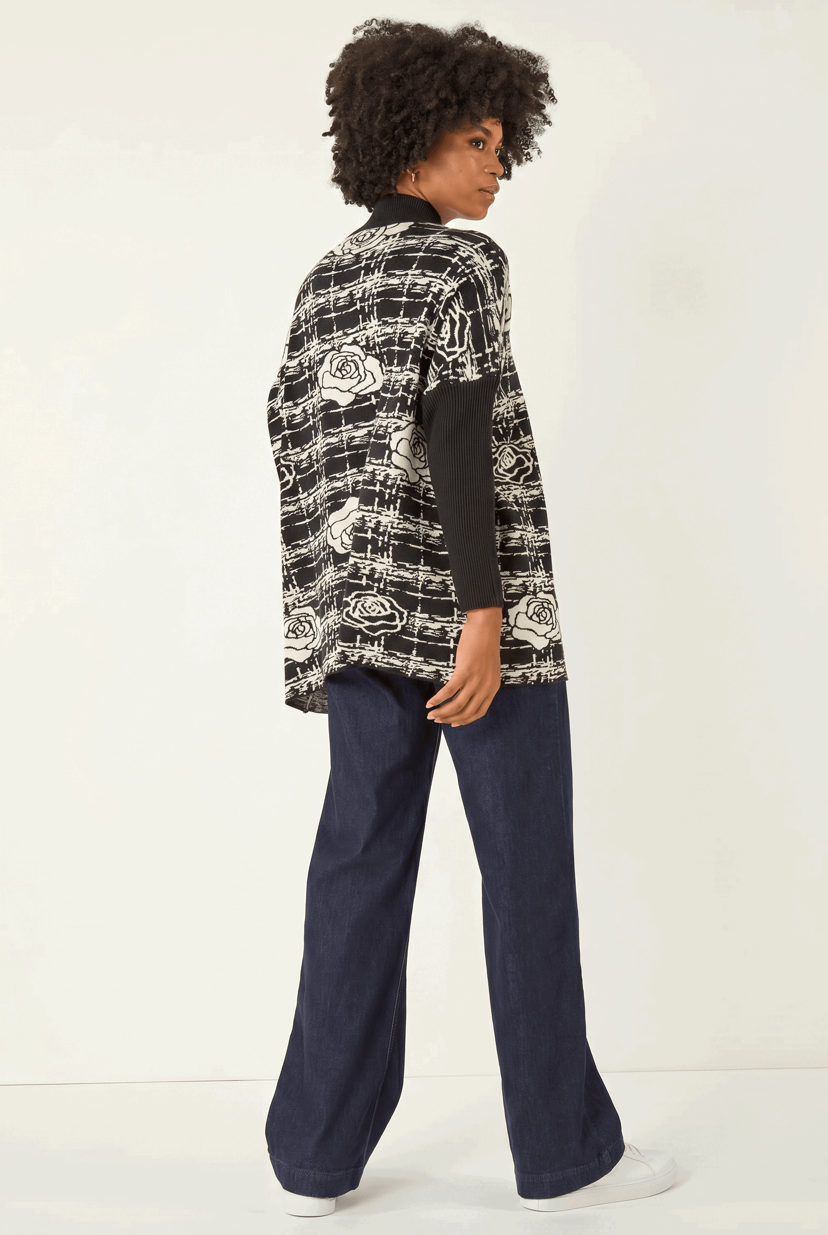Black Plaid Rose Detail Knit Jumper, Image 1 of 5