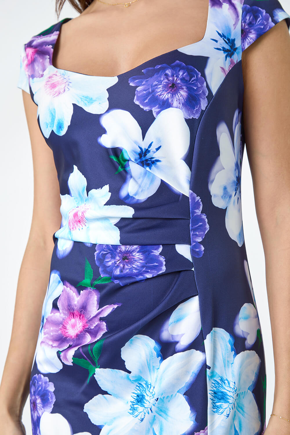 Navy Premium Stretch Floral Ruched Frill Hem Dress, Image 6 of 5