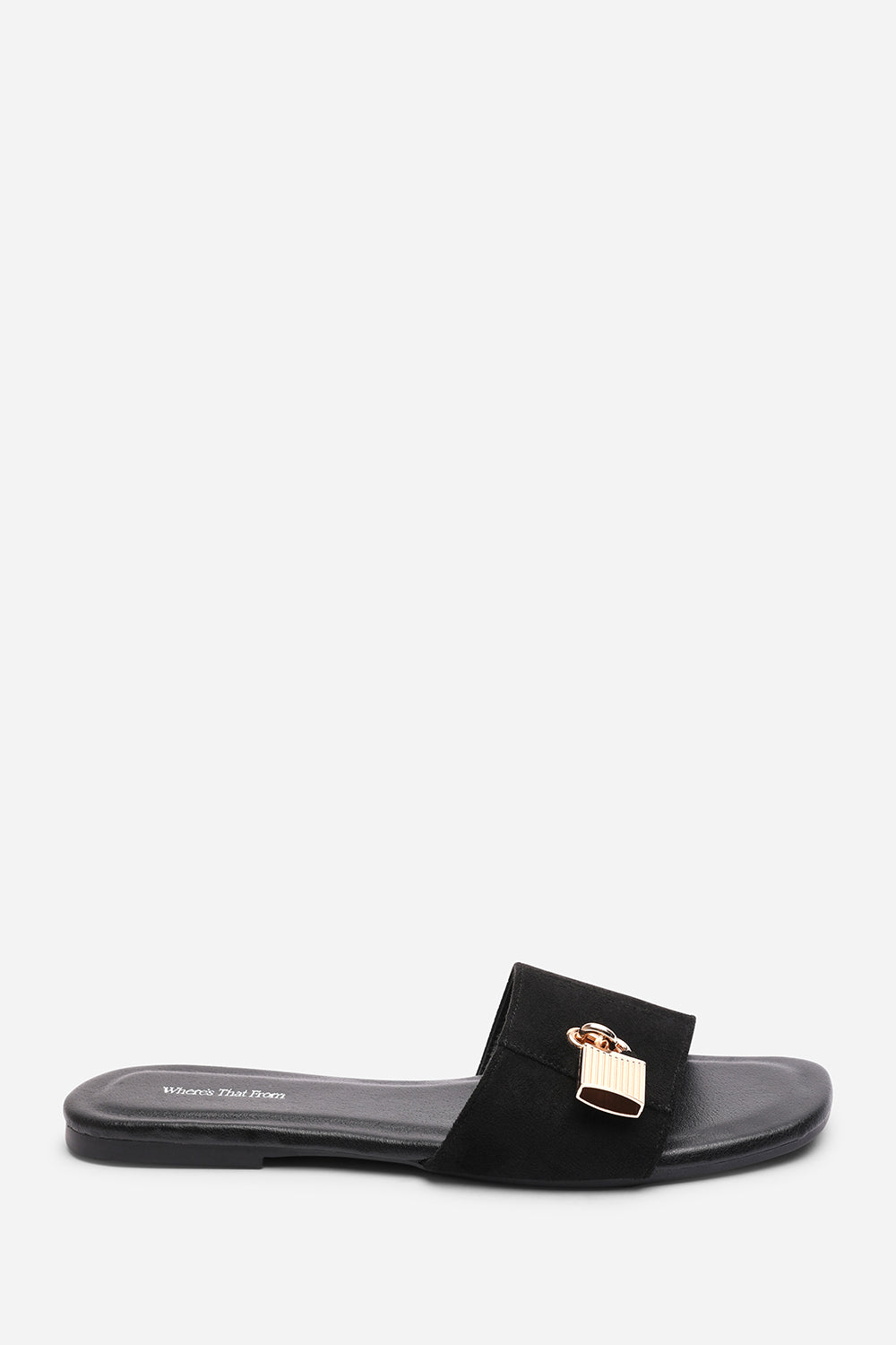 Black Solana Gold Trim Flat Slide On Sandal, Image 3 of 6