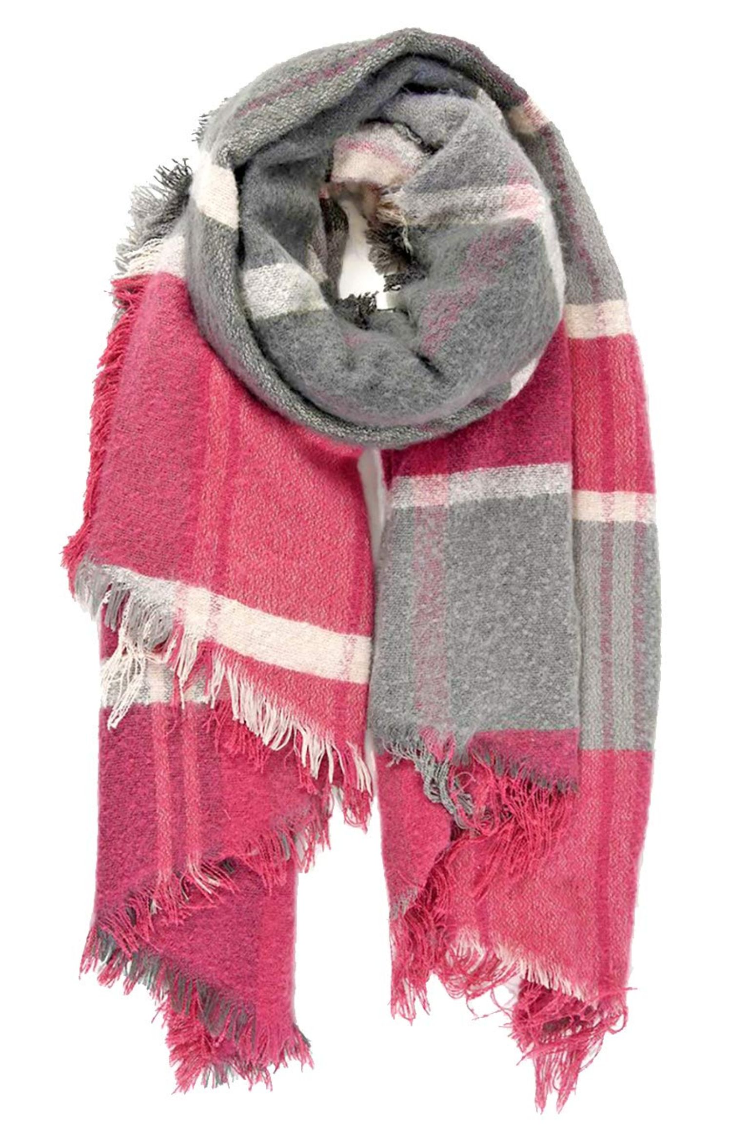 Fuchsia Striped Tartan Winter Blanket Scarf, Image 4 of 4