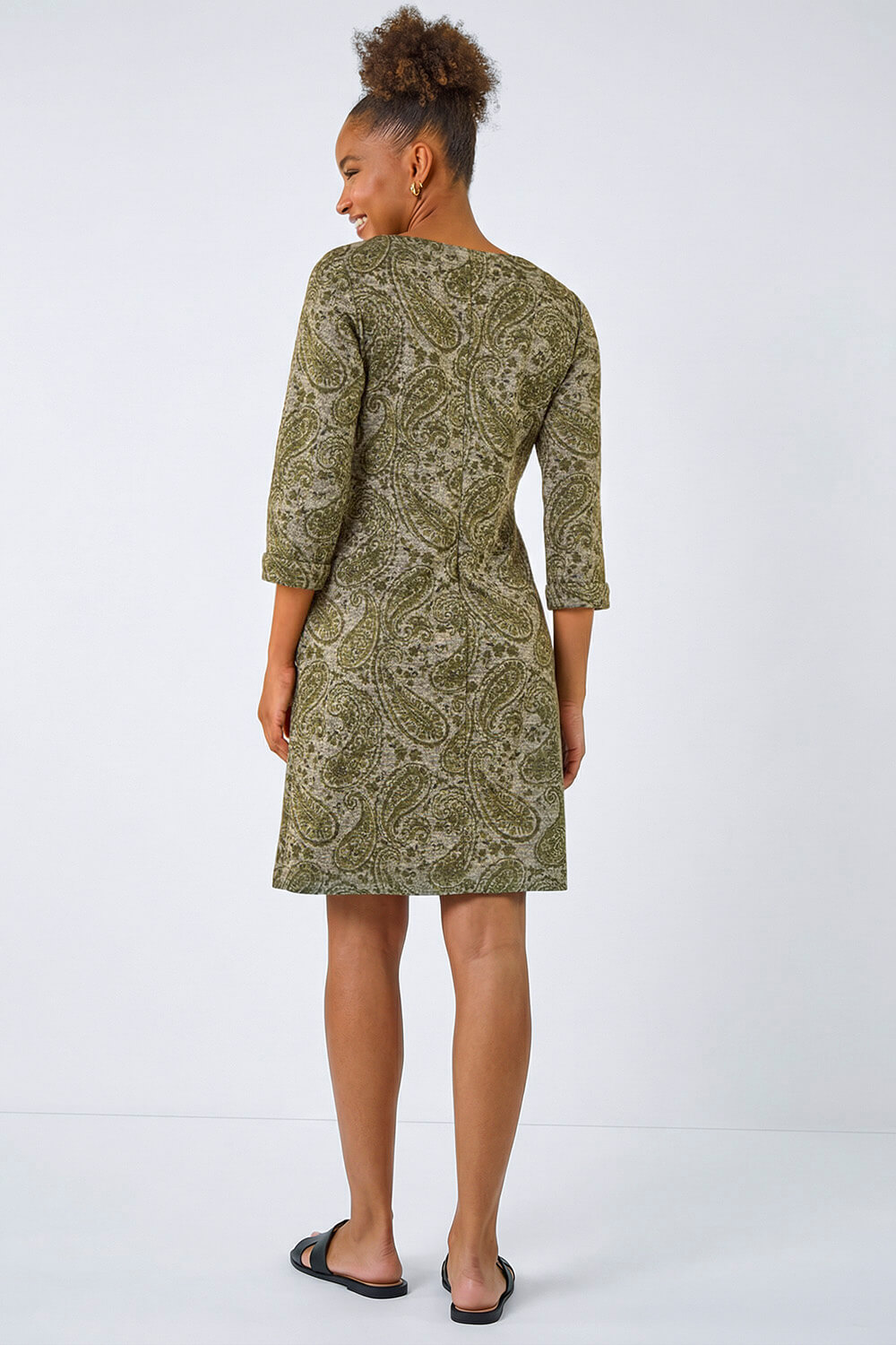 Olive Paisley Print Pocket Shift Stretch Dress, Image 4 of 5