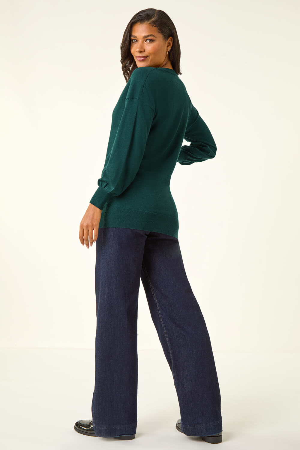 Dark Green Plain V-Neck Stretch Longline Jumper, Image 4 of 5