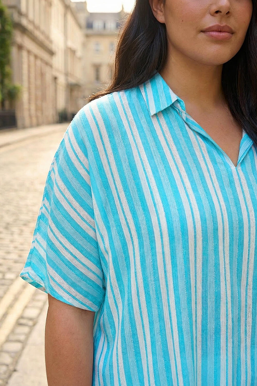 Blue Curve Stripe Popover Woven Top, Image 5 of 4
