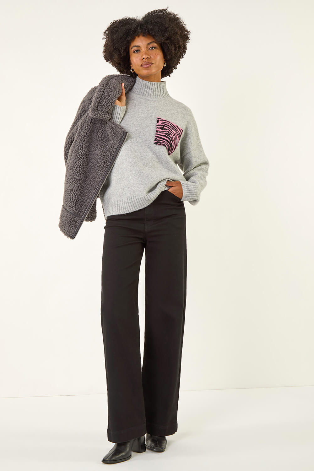 Light Grey Animal Print Pocket Knit Jumper, Image 3 of 5