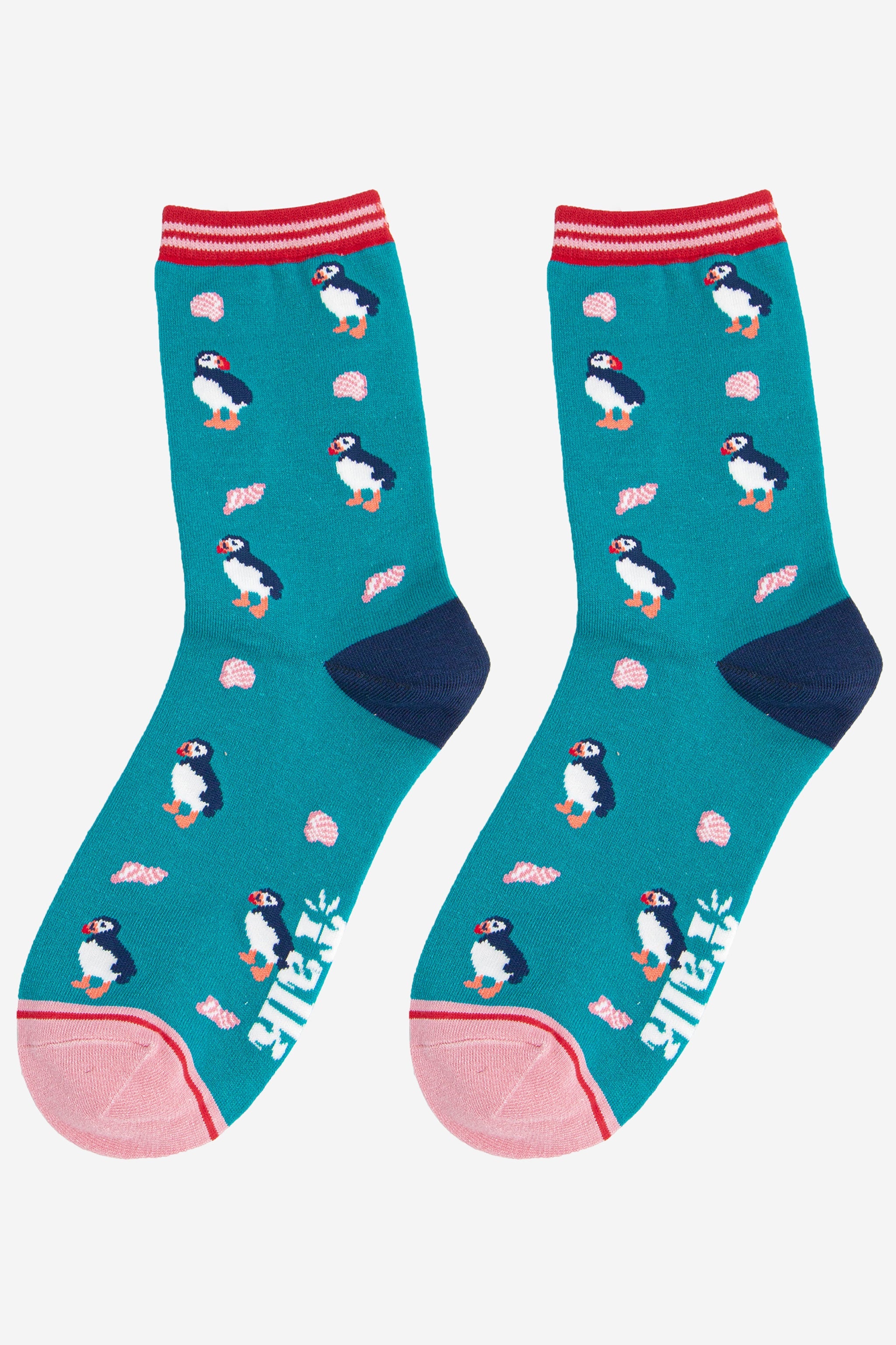 Teal Seashells And Puffins Bamboo Socks - Teal, Image 3 of 4