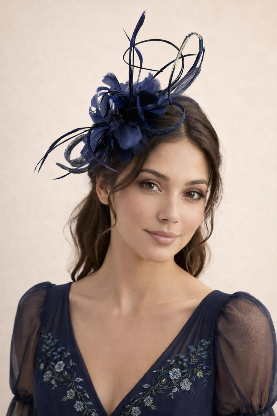 Navy Floral Feather Fascinator with Loops, Image 1 of 2