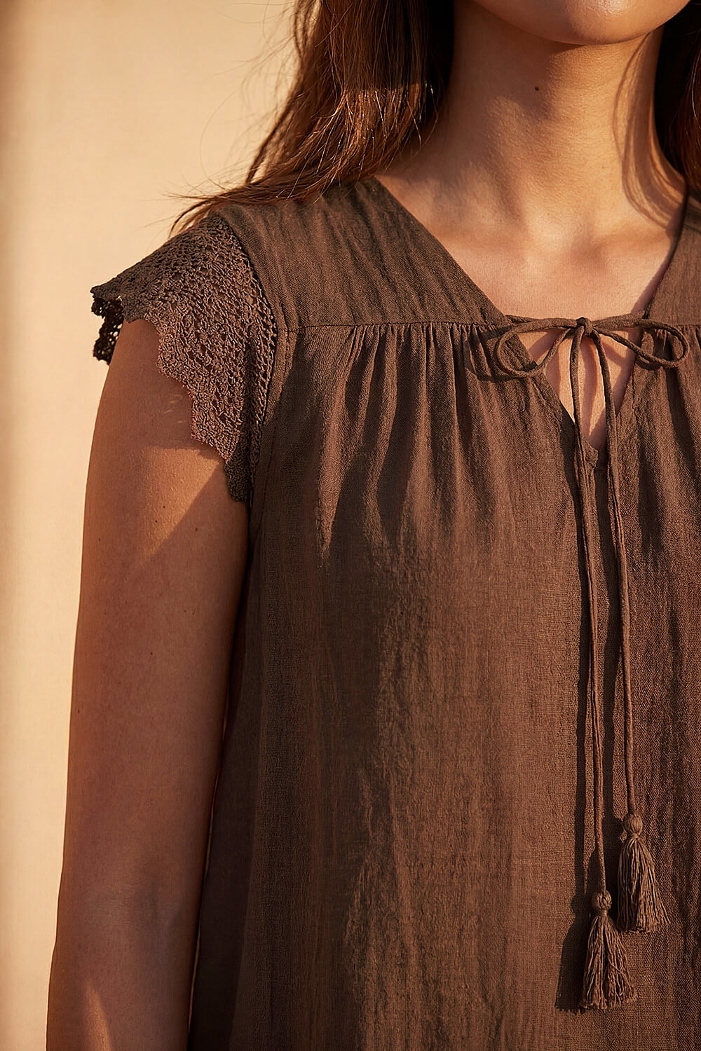 Chocolate Satin Crochet Tie Front Tunic Top, Image 5 of 4