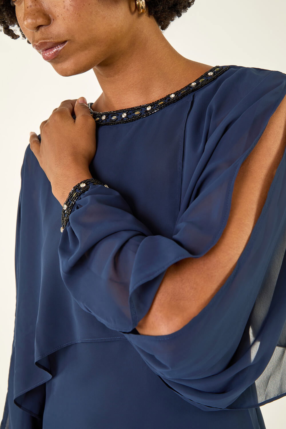 Navy Embellished Cold Shoulder Chiffon Dress