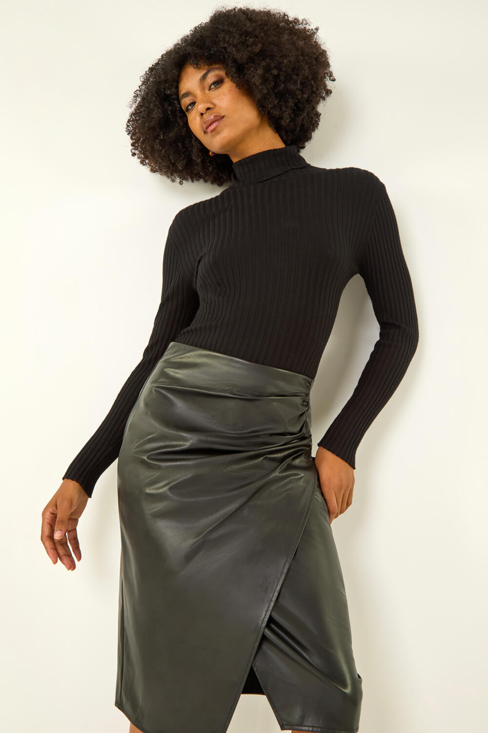 Black Faux Leather Ruched Wrap Skirt, Image 3 of 6
