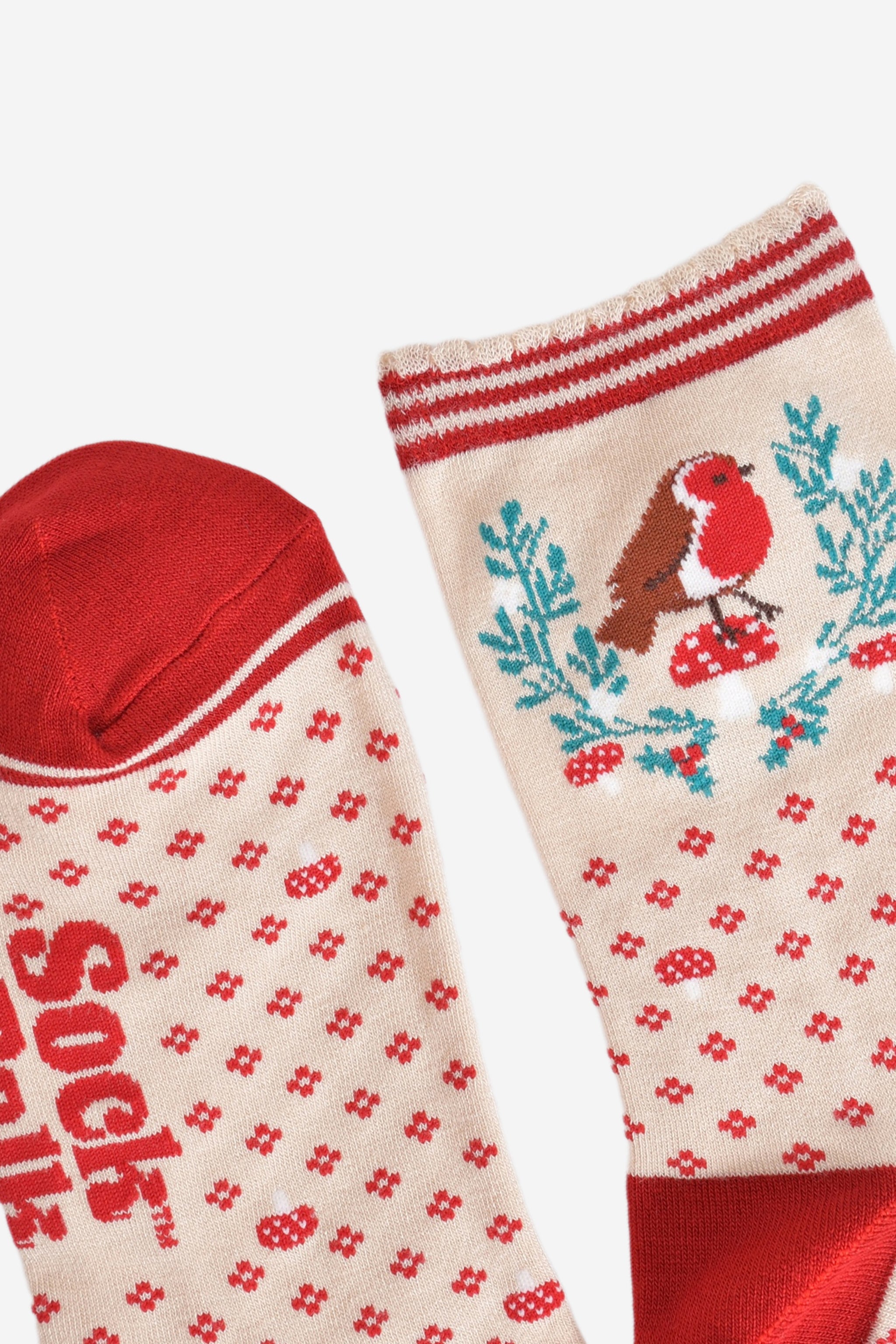 Red Christmas Robin Wreath Bamboo Socks, Image 4 of 5