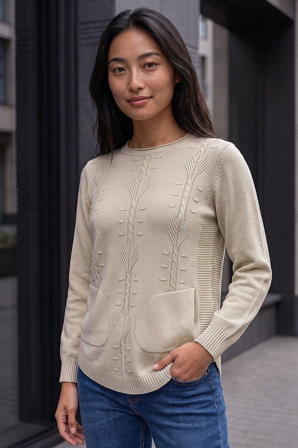 Roman Petite Women's Stone Cable Knit Pocket Jumper Size 12