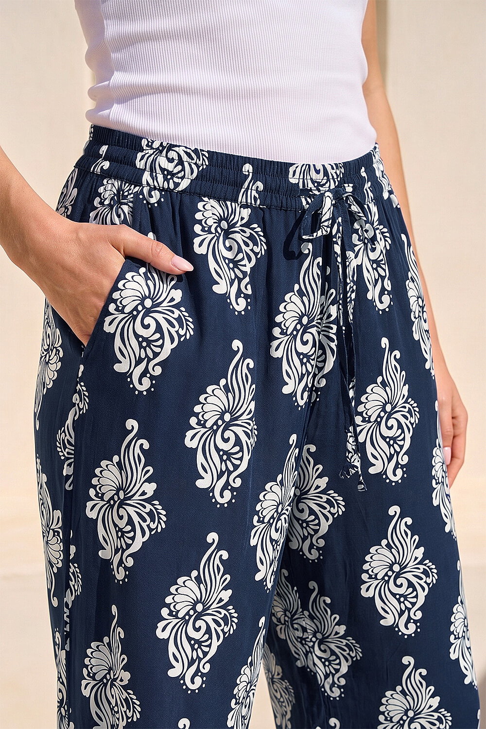 Navy  Mono Print Wide Leg Trouser, Image 5 of 4
