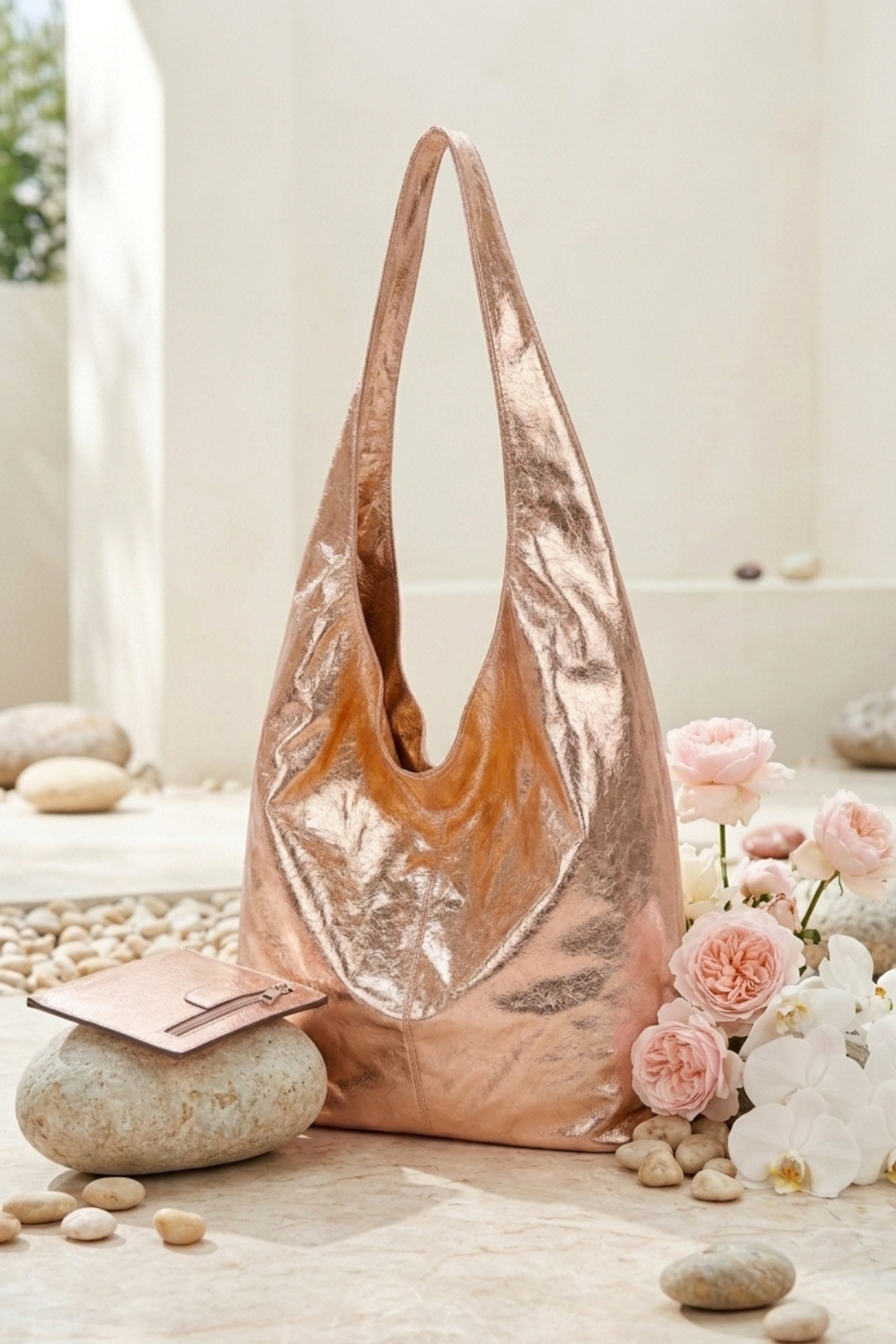 Rose Gold Rose Gold Metallic Slouch Shoulder Bag & Mini Pouch – Lucie, Image 2 of 2