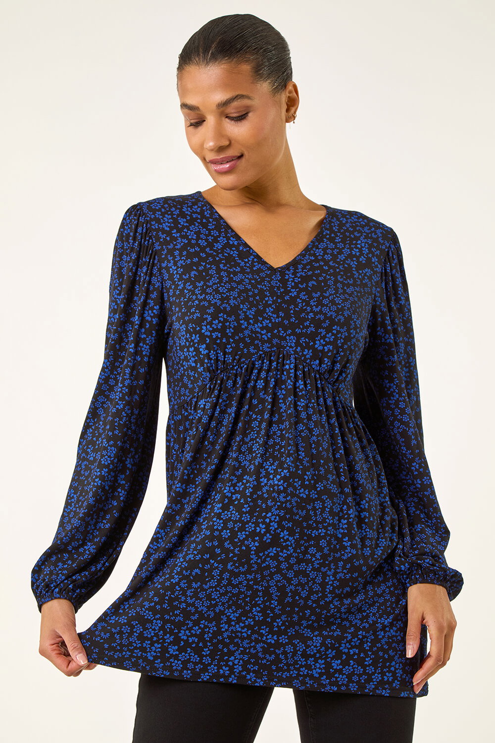 Navy Abstract Print V-Neck Tunic Top, Image 5 of 5