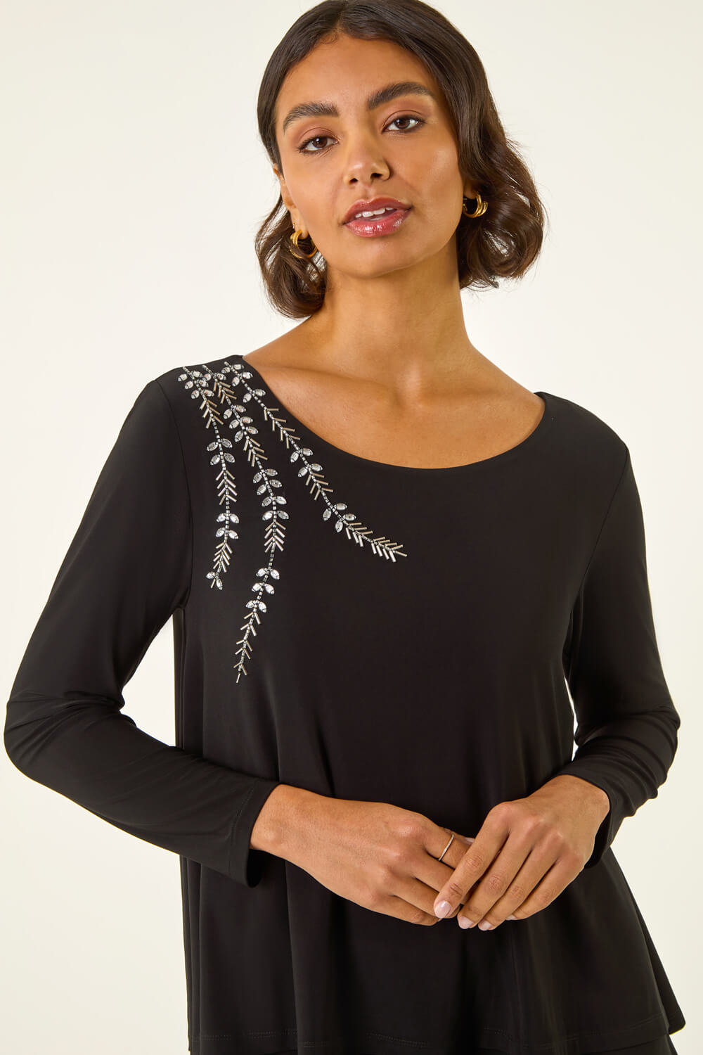 Black Embellished Double Layer Tunic Top, Image 1 of 5