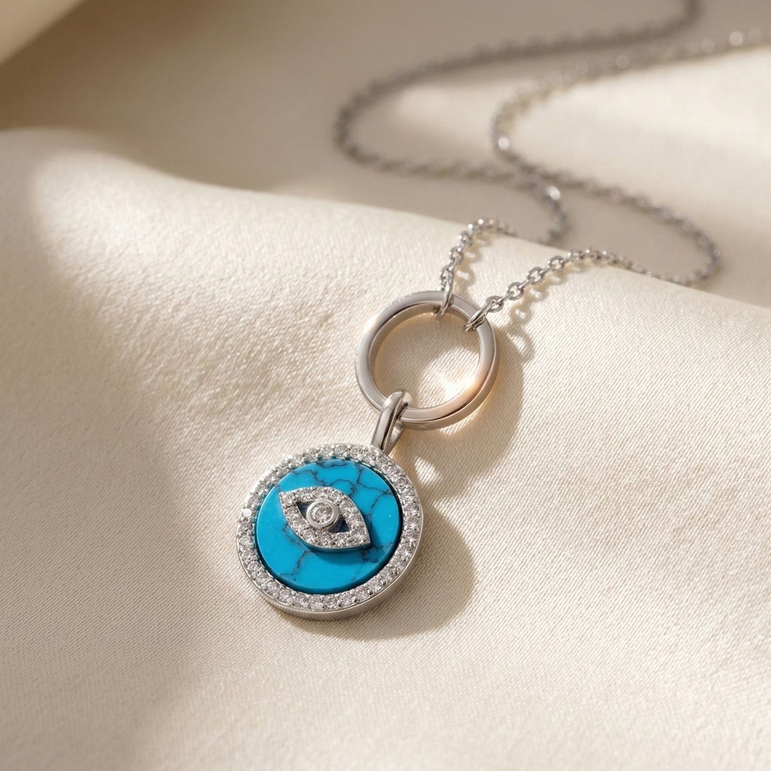 Silver Silver Turquoise Evil Eye Pendant Charm Necklace, Image 1 of 4