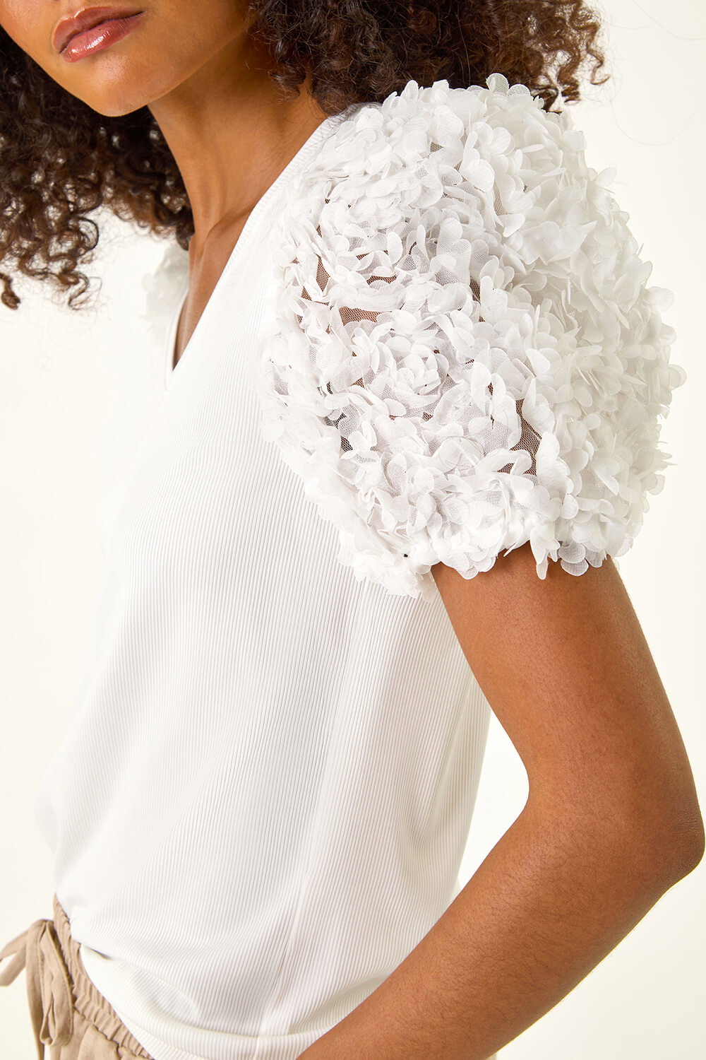 White Dusk 3D Puff Sleeve Stretch T-Shirt, Image 6 of 5