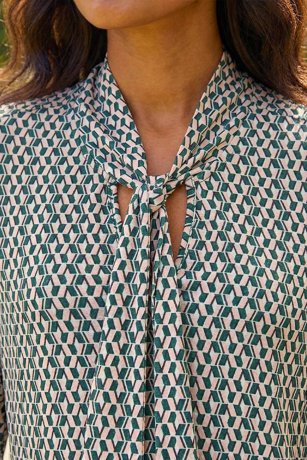 Green Geo Print Tie Front Tunic Top, Image 5 of 4