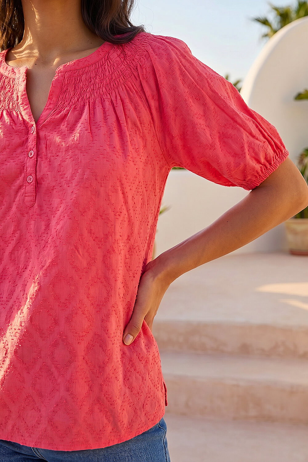 Red Shirred Neck Textured Top, Image 5 of 4