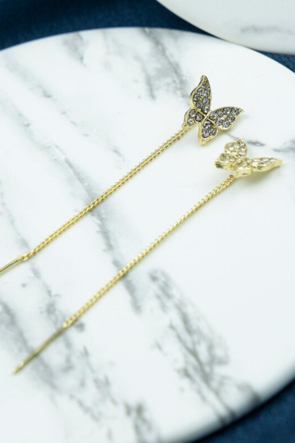 Gold Long Gold Butterfly Tassel Chain Stud Earrings, Image 2 of 3