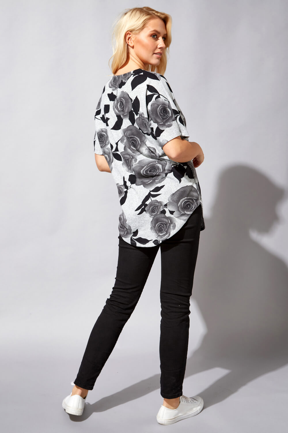 Grey Rose Print Zip Front T-Shirt, Image 4 of 4