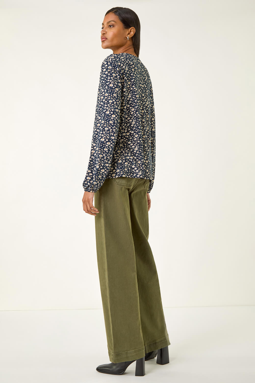 Navy Printed Shirred Tie Neck Top, Image 4 of 5