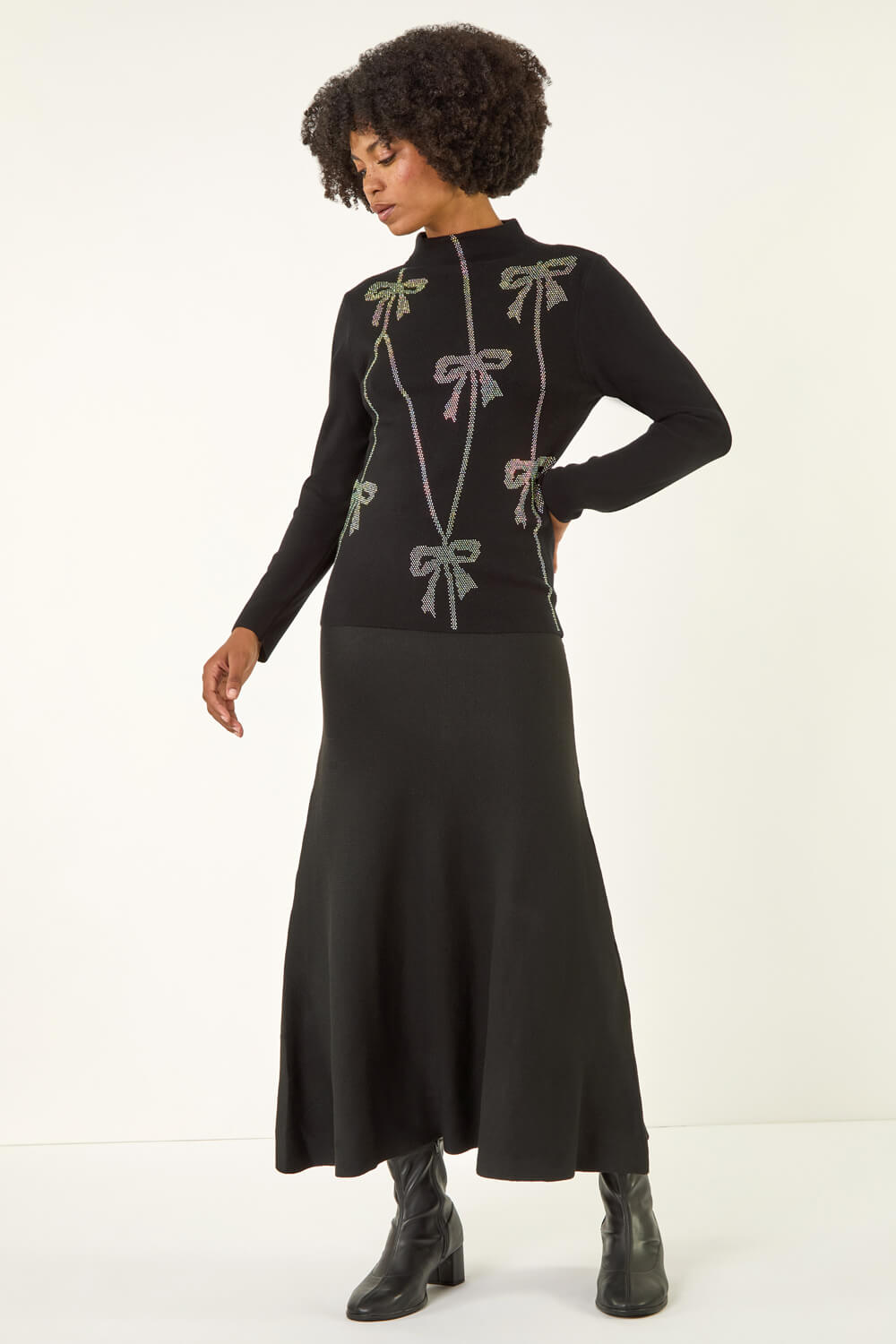 Black Diamante Bow High Neck Knit Jumper, Image 4 of 6