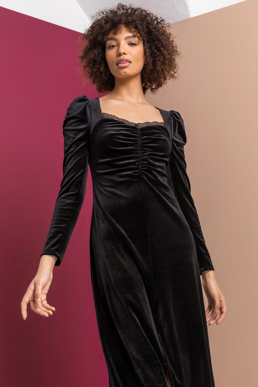 Black Lace Trim Velvet Midi Dress | Dusk UK