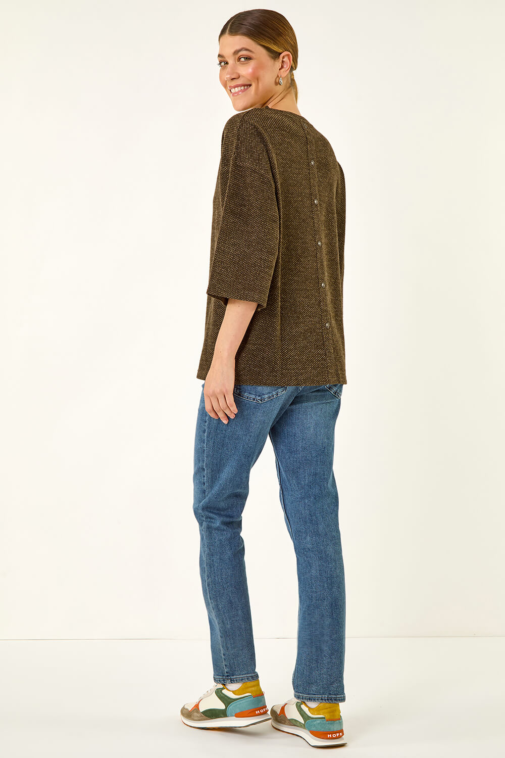KHAKI Button Back Stretch Top, Image 4 of 5